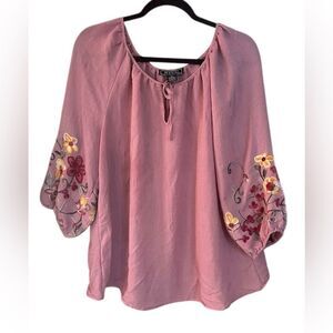 NYCC Embroidered Peasant Blouse – Pink Boho Floral Sleeve Top – Women’s XL